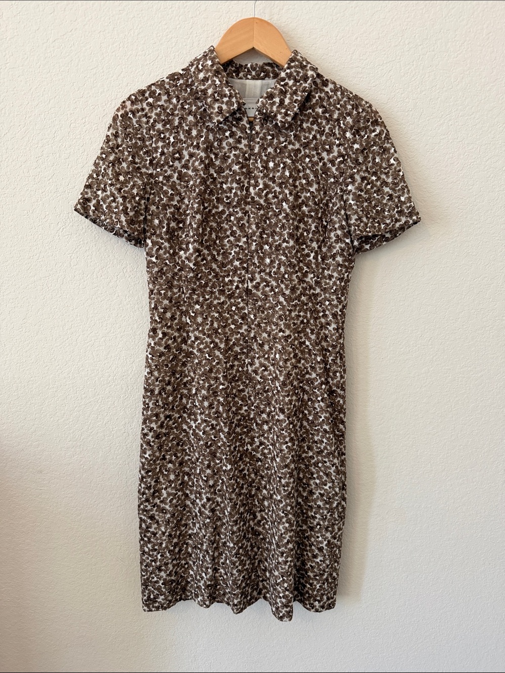 AKRIS Luxury Structured Cotton Brown White Micro-Floral Sheath Zip-Front Dress 6